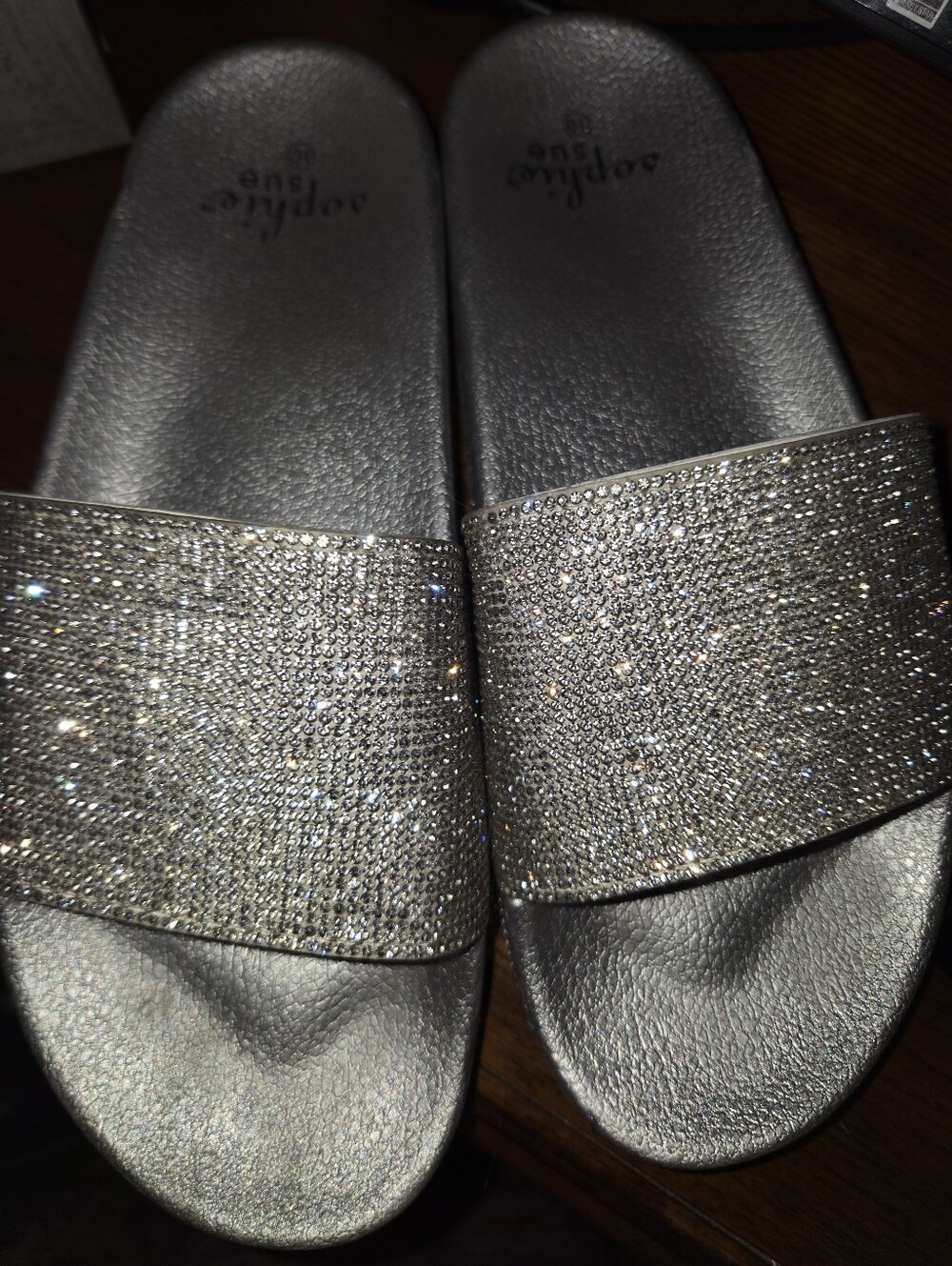 Sophisticated, Crystal-Embellished Silver Slide Sandals -  by Sophie Sue